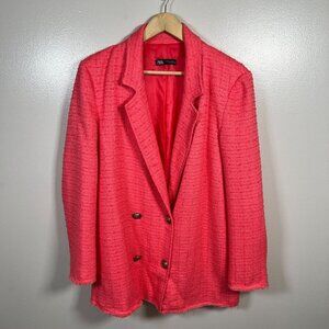 Zara Textured Double Breasted Blazer Jacket Size Medium Pink Tweed Oversized